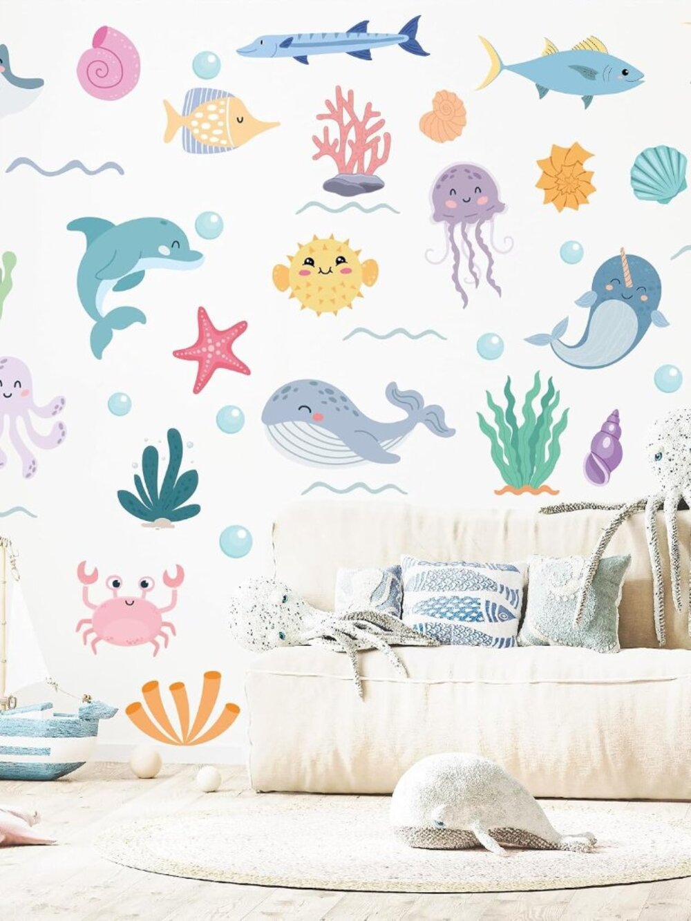 58 Pcs Ocean Animals Wall Decals - Peel and Stick Under the Sea Kids’ Room & Nur
